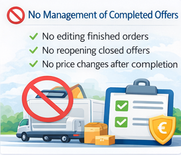 Nessuna gestione delle offerte completate per gli autisti su ExusTrans Illustrazione che mostra che gli autisti non possono modificare o riaprire offerte di trasporto completate sulla piattaforma ExusTrans